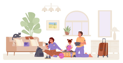 Happy family with little daughter packing a suitcase at home flat vector illustration. Woman checking list on the phone, girl putting toy into suitcase, man standing on knees with clothes in his arms.