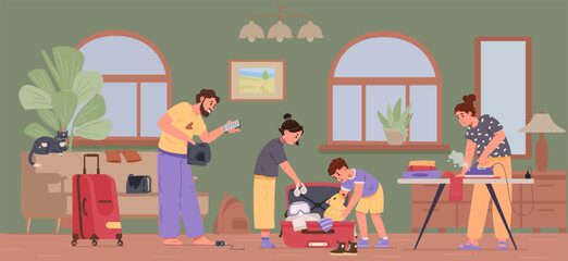 Happy family with two kids packing a suitcase and getting ready to a trip at home flat vector illustration. 