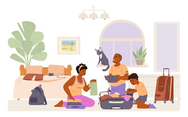 Happy African American family packing a suitcase on the floor at home flat vector illustration. 