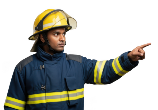 Firefighter pointing rescue emergency safety hero uniform profession job occupation fireman isolated on transparent background