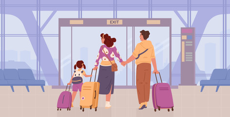 Family with suitcases walks out of airport terminal view from the back flat vector illustration.