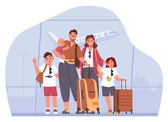 Happy family with three kids standing with suitcase at airport terminal flat vector illustration.