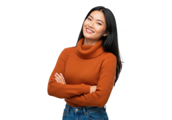 Smiling asian woman in orange turtleneck sweater with arms crossed stock photo downloadable image isolated on transparent background