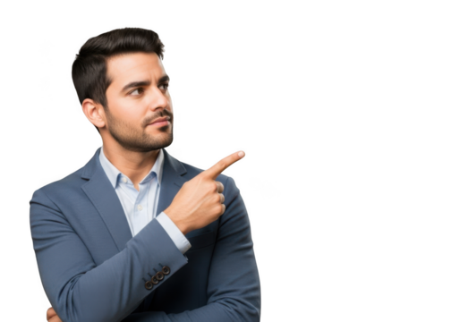 Professional businessman pointing direction with suit and tie looking upwards stock photo image isolated on transparent background