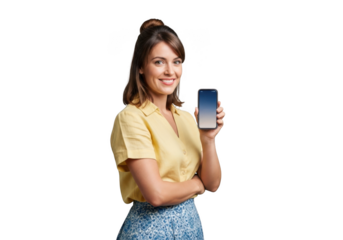 Smiling woman holding smartphone mockup displaying app ui design presentation isolated on transparent background