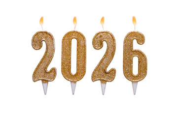 2026. Candles isolated on a transparent background, png. Happy new year 2026. Christmas card banner with golden decorative candles. Mockup.