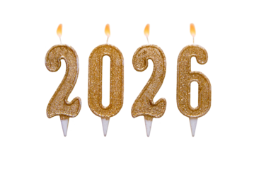 2026. Candles isolated on a transparent background, png. Happy new year 2026. Christmas card banner with golden decorative candles. Mockup.