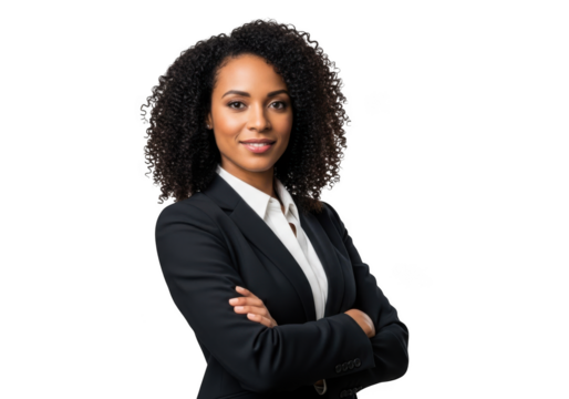 Professional african american businesswoman with curly hair in suit posing confidently portrait isolated on transparent background