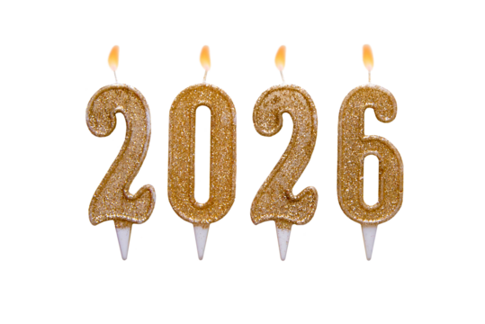 2026. Candles isolated on a transparent background, png. Happy new year 2026. Christmas card banner with golden decorative candles. Mockup.