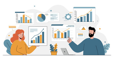 Two people presenting and discussing visual data reports and charts