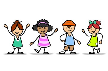 Fototapeta premium Vier Cartoon Kita Kinder stehen nebeneinander in Reihe