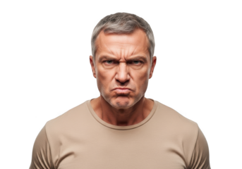 Angry mature man with gray hair and intense expression portrait stock photo png image isolated on transparent background