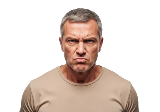 Angry mature man with gray hair and intense expression portrait stock photo png image isolated on transparent background