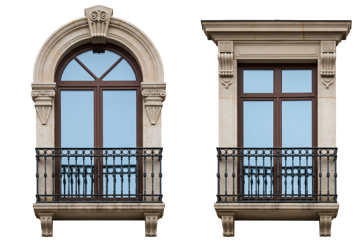 Elegant stone balconies with ornate windows and metal railings architectural design elements