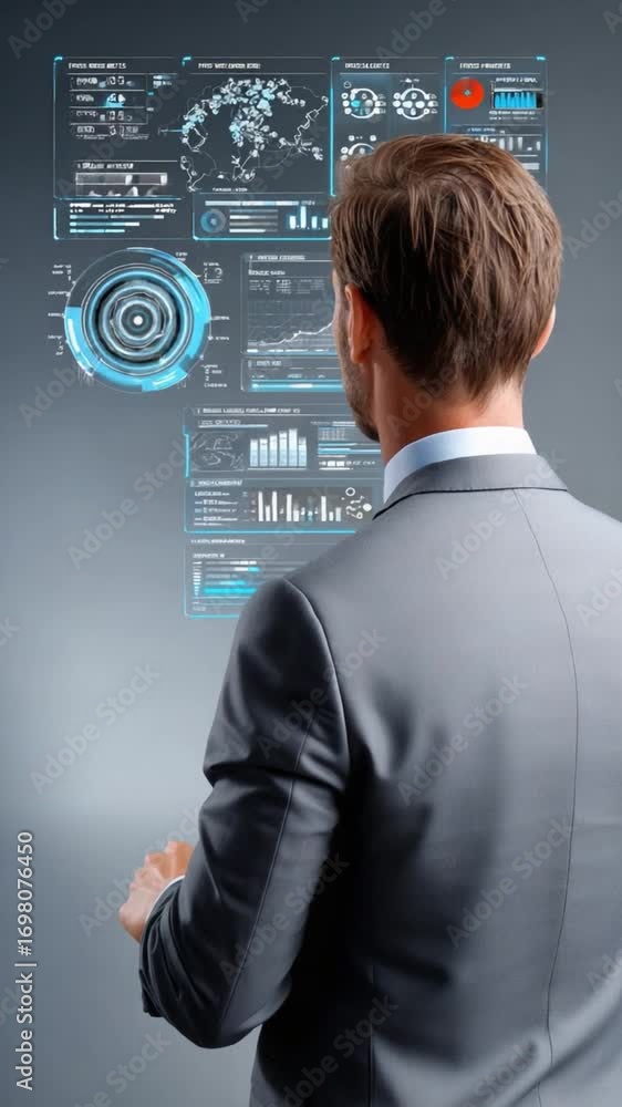 Poster analyzing data and information: a determined professional interacts with a holographic, futuristic i