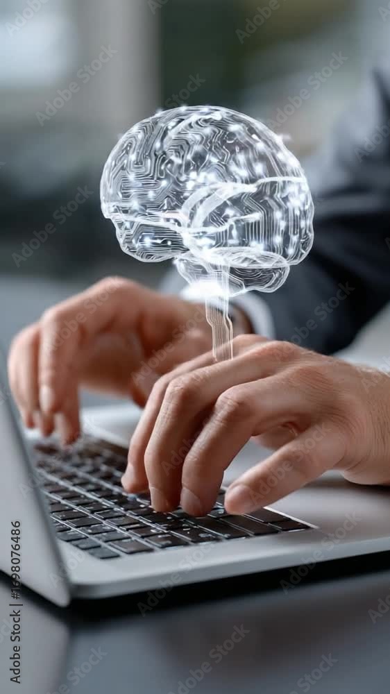 Poster digital mind: hands of a professional working diligently on a laptop, and an illuminated brain float