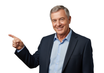 Smiling senior businessman pointing direction, mature male executive presenting, advertisement concept, man in suit, isolated on transparent background