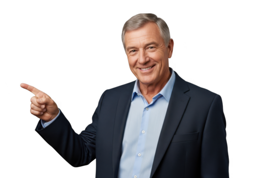 Smiling senior businessman pointing direction, mature male executive presenting, advertisement concept, man in suit, isolated on transparent background