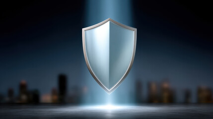 Digital shield symbolizing protection in smart city, representing cybersecurity and safety in urban environments