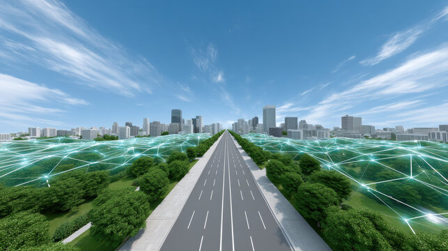 An urban landscape featuring wide road leading towards city skyline, surrounded greenery and interconnected digital networks - Powered by Adobe
