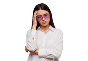 Stressed brunette woman with sunglasses headache touching head png stock photo portrait isolated on transparent background