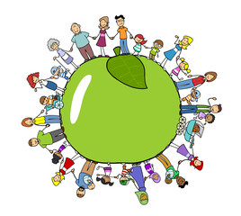 Naklejka premium Cartoon Gruppe vieler Generationen um einen grünen Apfel