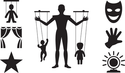 Puppet Master Silhouette with Marionettes, Masks, and Stage Elements for Performance