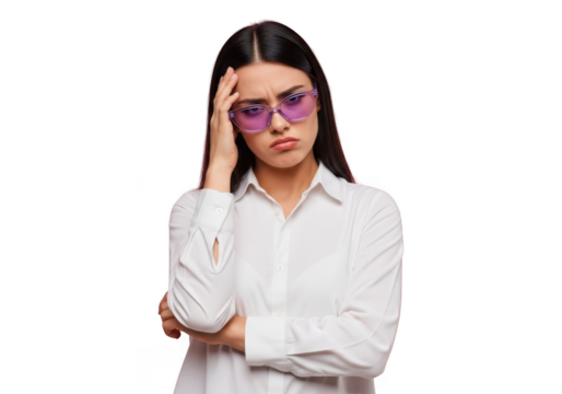 Stressed brunette woman with sunglasses headache touching head png stock photo portrait isolated on transparent background