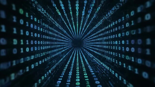 Futuristic digital data flow through blue binary code tunnel. An abstract technology background for cyberspace and high speed network information