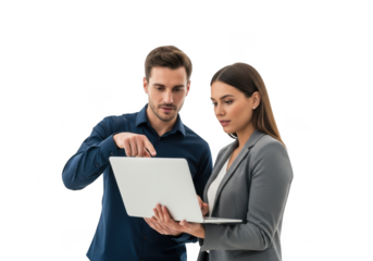 Professional business colleagues man and woman discussing project on laptop, teamwork, collaboration, isolated on transparent background