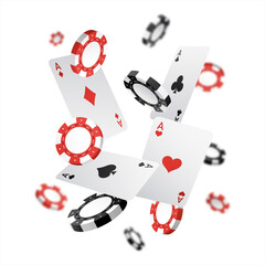 Falling casino chips and aces with blurred elements, vector illustration 10 eps.