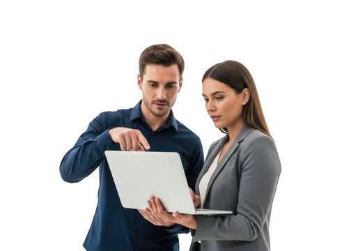 Professional business colleagues man and woman discussing project on laptop, teamwork, collaboration, isolated on transparent background