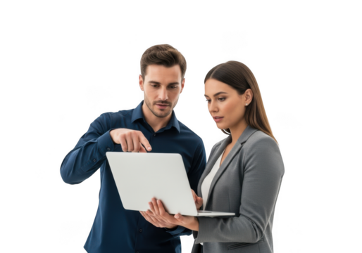 Professional business colleagues man and woman discussing project on laptop, teamwork, collaboration, isolated on transparent background