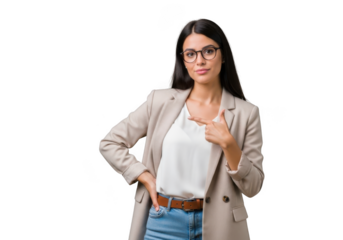 Confident businesswoman pointing finger at herself in beige blazer and jeans, stock photo, isolated on transparent background