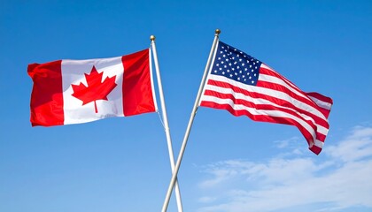Two national flags, the Canadian and American flags, wave against a clear, light blue sky.