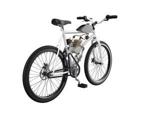 High-res 3D render: DIY motorized bike kit with white frame, black 2-stroke engine. Fuel-efficient urban transport and personal mobility. Transparent PNG for custom projects, alternative commuting.