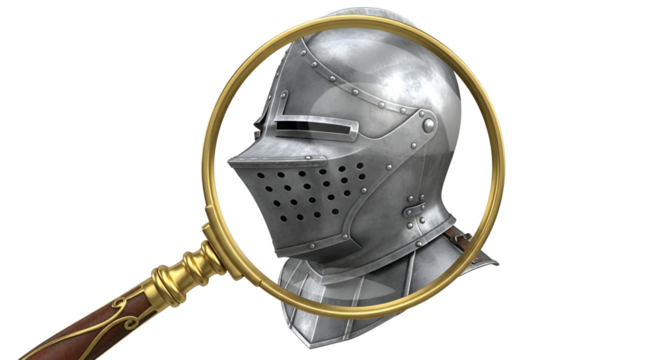 Medieval knight helmet seen through magnifying glass isolated PNG with Transparent Background