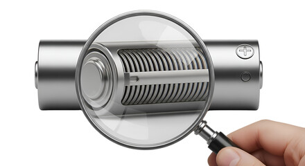 Magnifying glass zooming into a battery isolated PNG with Transparent Background