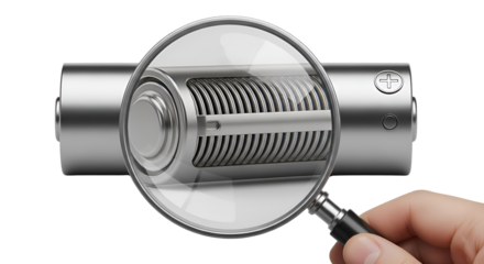 Magnifying glass zooming into a battery isolated PNG with Transparent Background