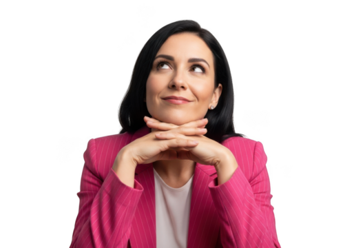 Pensive brunette woman in pink blazer looking upward thoughtful isolated on transparent background