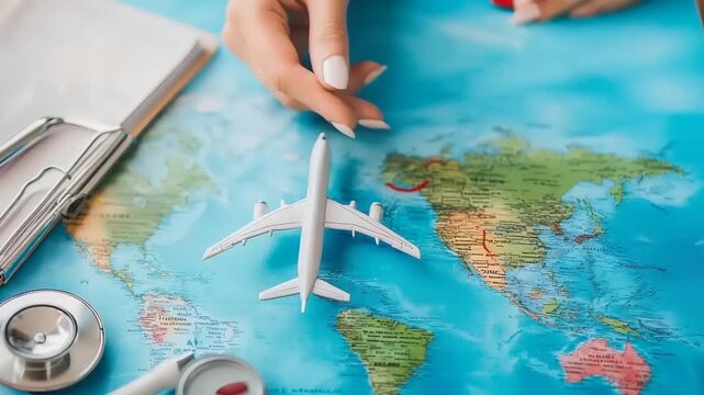 A concept image for travel health insurance showing a woman's hand planning a trip on a world map with a model airplane and a stethoscope