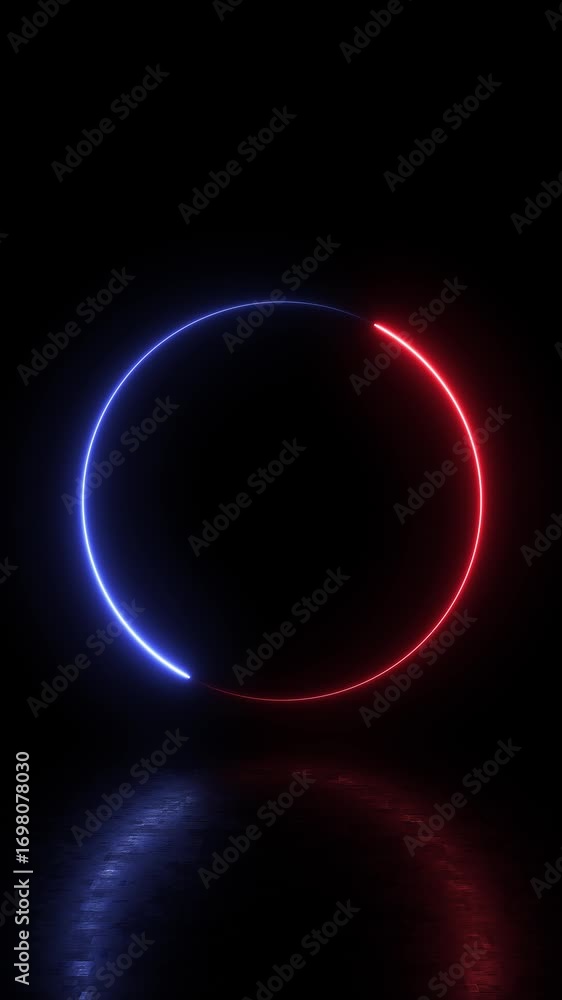 Poster Glowing neon blue red circle animation for reflection on black background. Seamless loop