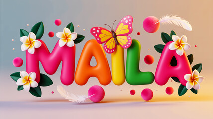 Obraz premium 3DMAILA text with tropical flowers, leaves, butterfly, and feathers MAILA lettering