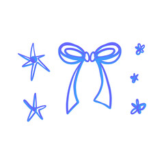 Fototapeta premium Hand drawn blue glowing bow and star elements for festive decorative designs and celebrations isolated on transparent background Hand Draw Line ART