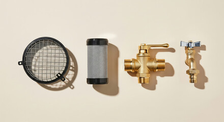 Brass plumbing fittings and water filter parts isolated on beige background. Modern valves, mesh strainer, and cartridge for rainwater or household filtration system