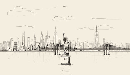 New York skyline in sketch drawing style on a soft brown background. Vector illustration