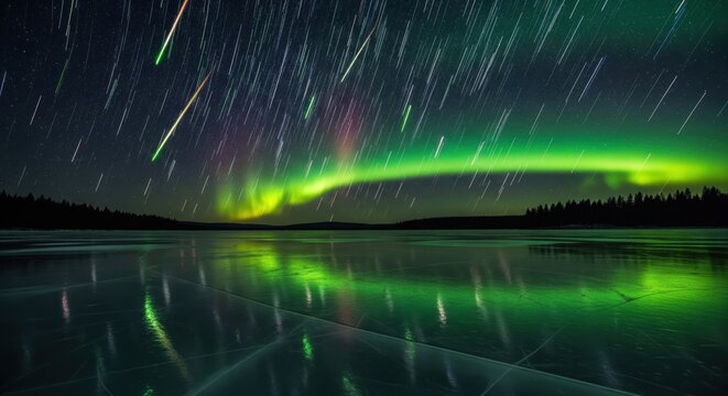 Meteor shower and northern lights over frozen lake. Vibrant aurora borealis with shooting stars reflecting on icy surface, magical celestial spectacle in arctic night - Powered by Adobe