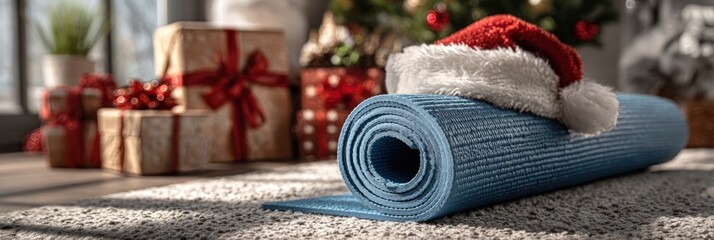 A rolled yoga mat with Santa hat, gifts and a Christmas tree in the background