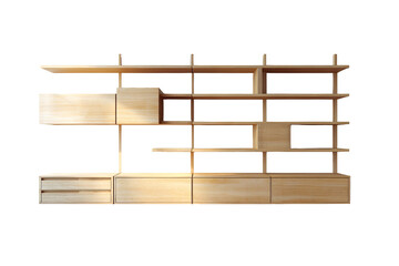 Light-toned wooden wall-mounted shelving unit.  Multiple open shelves,  compartments, and drawers.  Modern minimalist design