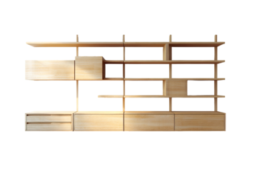 Light-toned wooden wall-mounted shelving unit.  Multiple open shelves,  compartments, and drawers.  Modern minimalist design